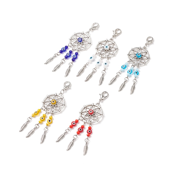

PandaHall Woven Net/Web with Feather Tibetan Style Alloy Pendant Decorations, with Handmade Evil Eye Lampwork Bead & Alloy Lobster Claw..., Multicolor