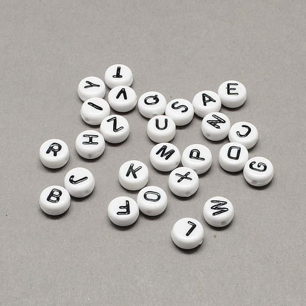

PandaHall White and Black Acrylic Horizontal Hole Letter Beads, Flat Round with Random Letters, Letter, 7x4mm, Hole: 1.3mm, about...