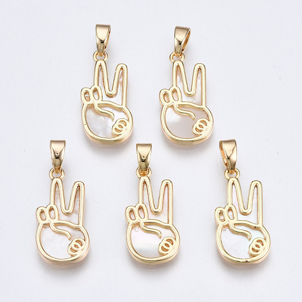 

PandaHall Brass with Natural Sea Shell Pendants, Peace Hand Charms, Nickel Free, Palm, Gesture Language, Victory, Real 18K Gold Plated..., White