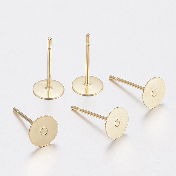 304 Stainless Steel Stud Earring Findings, Flat Round, Real 24K Gold Plated, 4x0.3mm, Pin: 0.7mm