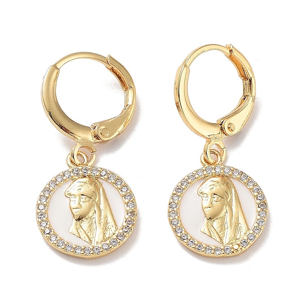 

PandaHall Real 18K Gold Plated Brass Dangle Leverback Earrings, with Enamel and Cubic Zirconia, Flat Round, Flat Round, 27.5x12mm Cubic..., White