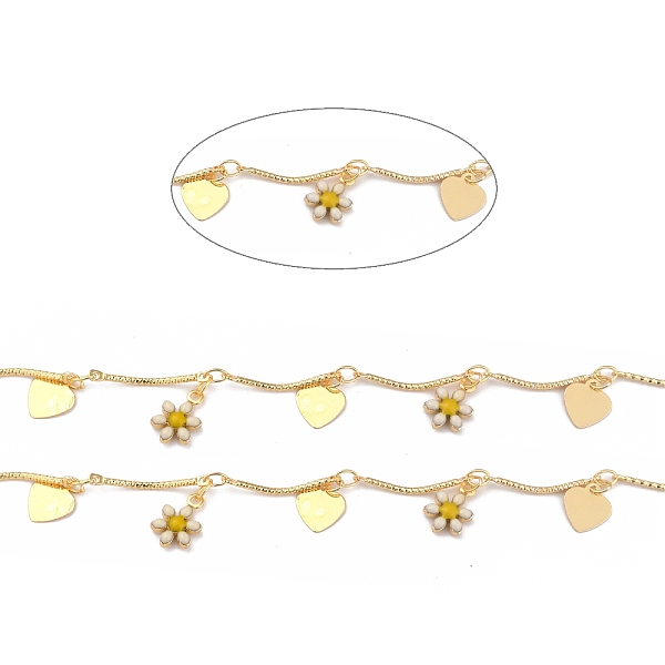 

PandaHall Brass Bar Link Chain, with Enamel Charms, Long-Lasting Plated, with Spool, Soldered, Daisy Flower & Heart, Golden, Flower...