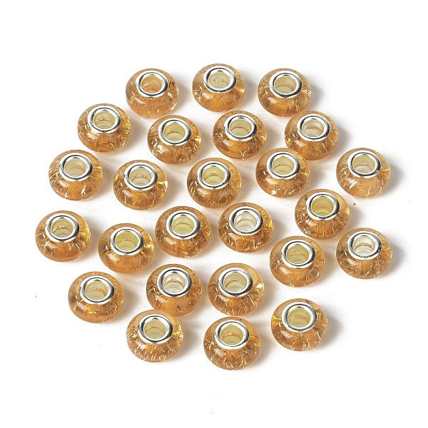 

PandaHall Rondelle Resin European Beads, Large Hole Beads, with Glitter Powder and Platinum Tone Brass Double Cores, Goldenrod, 13.5x8mm..., Gold
