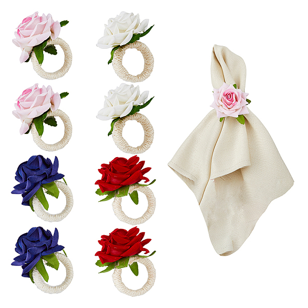 

PandaHall 8Pcs 4 Color Artificial Rose Polyseter Napkin Rings with Hemp Rope Flower Dinner Napkin Holder Table Napkin Holder Adornment for..., Multicolor