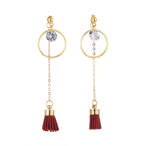 

PandaHall Dangle Stud Earrings, with Suede Cord Tassel, Cubic Zirconia Charms, 304 Stainless Steel Stud Earring Findings, Brass Cable Chains..., Red