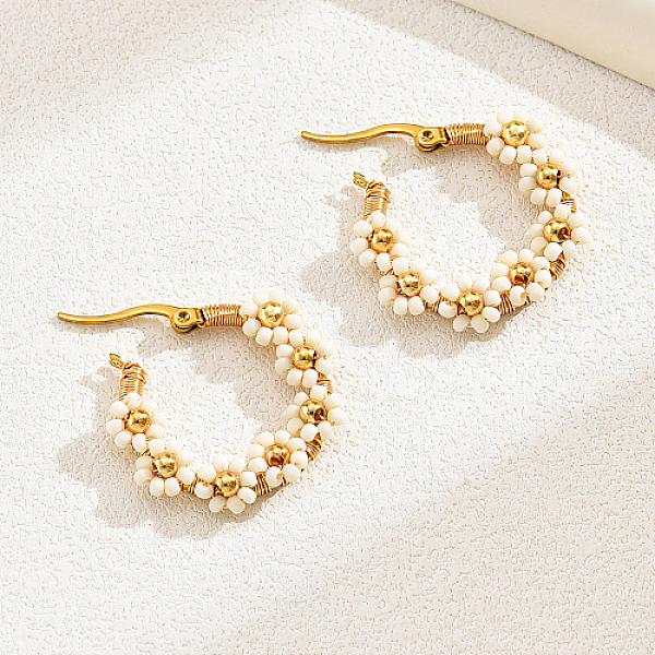 

PandaHall Flower Garland Braided Beaded Stainless Steel Hoop Earrings, Real 18K Gold Plated Jewelry for Women, White, 30x30mm Stainless...