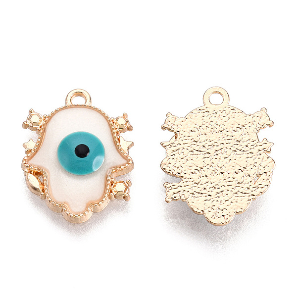 

PandaHall Rack Plating Alloy Resin Pendants, Evil Eye Hamsa Hand Charms, with Enamel, Light Gold, Cadmium Free & Nickel Free & Lead Free..., White
