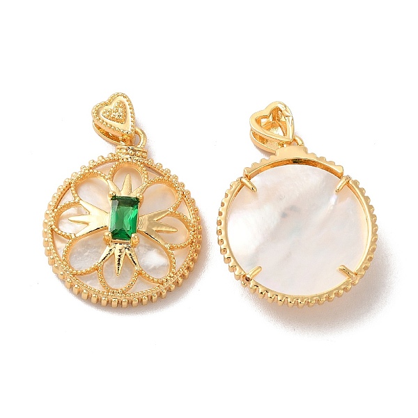 

PandaHall Brass Emerald Rhinestone Pendants, Flat Round Charms with Natural Shell, Real 18K Gold Plated, 21x18x6.4mm, Hole: 1.4x3.5mm and...