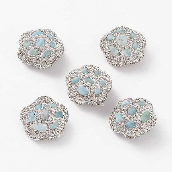 

PandaHall Handmade Polymer Clay Rhinestone Beads, with Larimar, Flower, Crystal, 24.2~24.8x24.3~25x10.6~12.2mm, Hole: 1mm Larimar Flower..., Clear