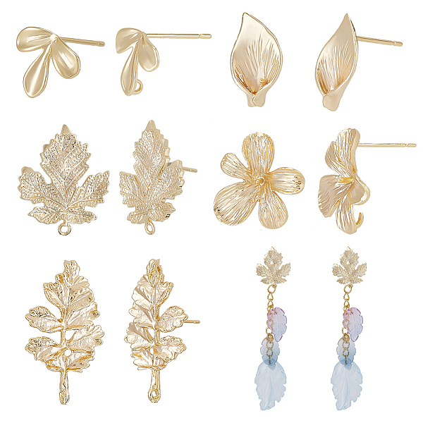 

PandaHall CHGCRAFT 10Pcs 5 Style Real 18K Gold Plated Brass Earring Studs Leaf Stud Earring Flower Brass Studs Posts Earring Findings for...
