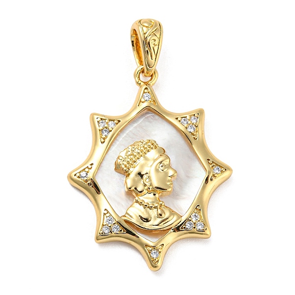 

PandaHall Rack Plating Brass Cubic Zirconia Pendants, with Shell, Cadmium Free & Lead Free, Woman, Real 18K Gold Plated, 31x23.5x4mm, Hole..., White