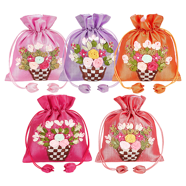 5 sac à cordon en polyester brodé de fleurs 3D