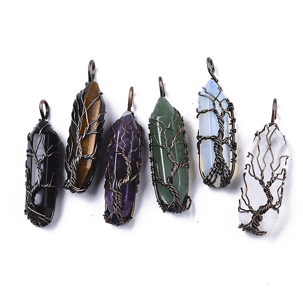 

PandaHall Natural & Synthetic Mixed Gemstone Big Wire Wrapped Pendants, with Brass Wires, prismatic with Tree of Life, Red Copper...