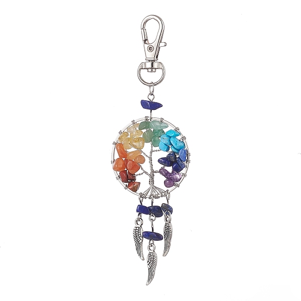 

PandaHall Woven Net/Web with Wing Pendant Decorations, with Gemstone Chips and Alloy Swivel Lobster Claw Clasps, Flat Round with Tree of..., Multicolor