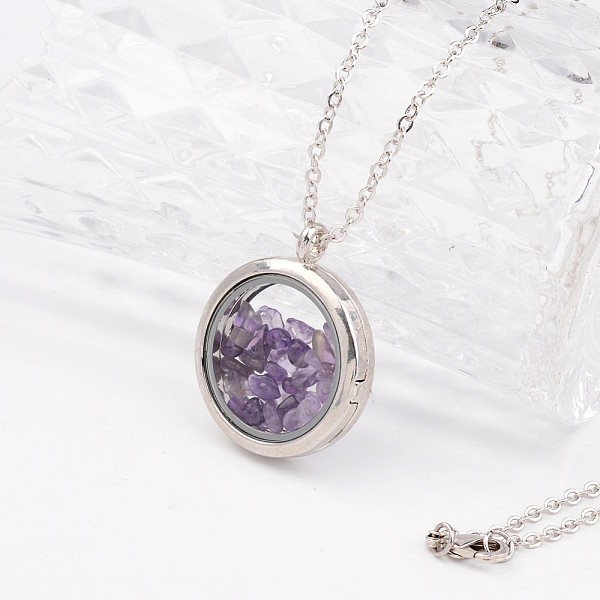 

PandaHall Natural Amethyst Alloy Pendant Necklaces, Flat Round, with Brass Cable Chains and Brass Lobster Claw Clasps, 21.65 inch Amethyst