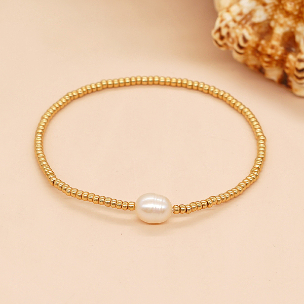 

PandaHall Gold Color 11/O TOHO Seed Beadd Strecth Bracelets, Single Natural Pearl Bracelets for Women Pearl