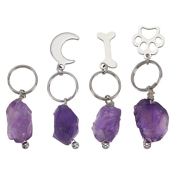 SUPERFINDINGS 4Pcs 4 Style Amethyst Pet Charm Natural Amethyst Keychain With Stainless Steel Charms For Purse Backpack Handbag Jewelry...