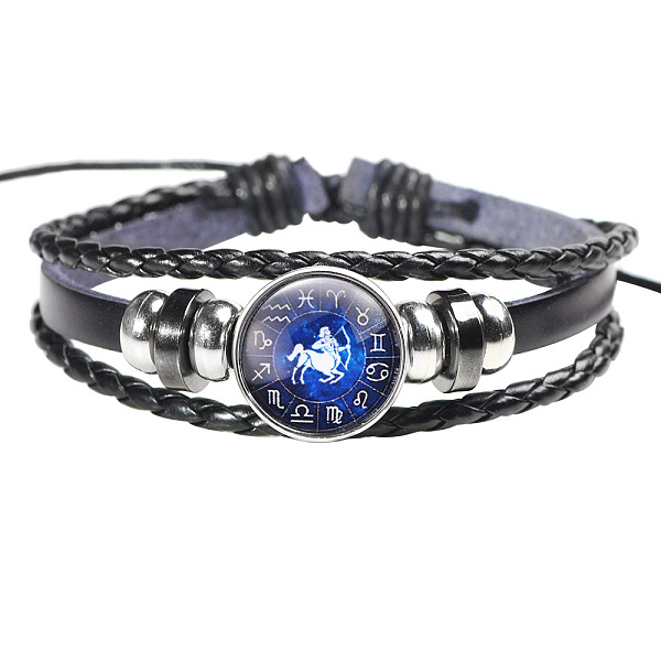 

PandaHall 12 Constellation Leather Cord Bracelets, with Alloy Beads and Wax Cord, Flat Round, Sagittarius, 2-3/8 inch(6cm) Leather..., Black