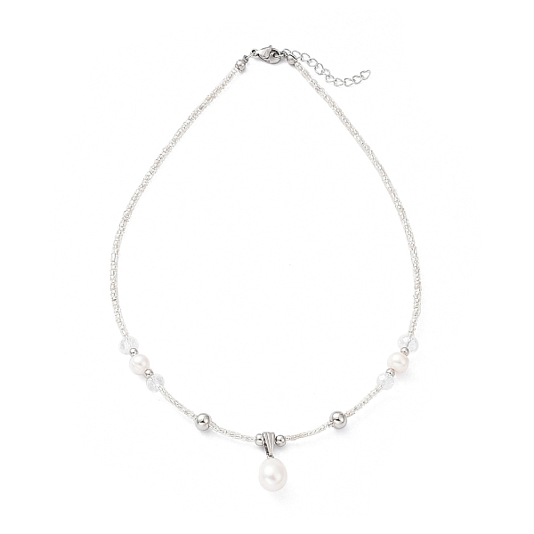 

PandaHall Natural Pearl Pendant Necklace with Glass Beaded Chains, Clear, 16.61 inch(42.2cm) Pearl Teardrop Clear