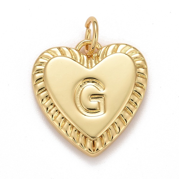 Rack Plating Real 18K Gold Plated Brass Pendants, with Jump Rings, Long-Lasting Plated, Lead Free & Cadmium Free & Nickel Free, Heart with Letter A-Z, Letter.G, 16x15x2.5mm, Jump Ring: 5x0.5mm, 3mm Inner Diameter