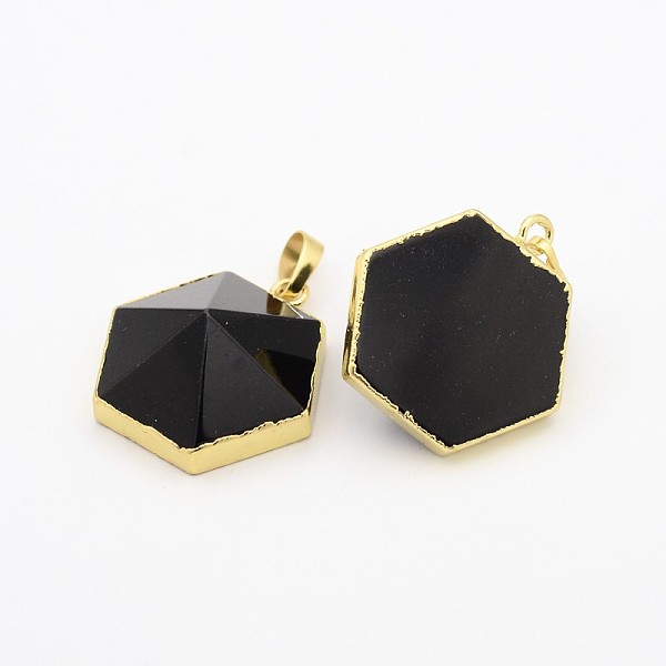 

PandaHall Synthetical Black Stone Gemstone Hexagon Pendants, Dyed, with Golden Plated Brass Finding, Faceted, 30x29x12mm, Hole: 5x8mm Black...