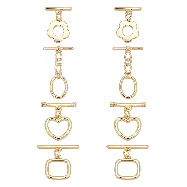 PandaHall PH 4 Styles Toggle Clasps, 18K Gold Plated T-bar Closure Clasps Flower Heart Rectangle Oval IQ Toggle Clasps Findings Connector...