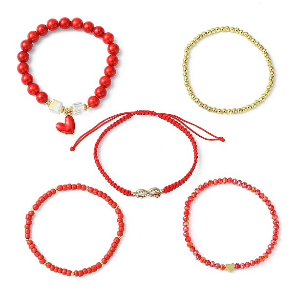 

PandaHall 5Pcs 5 Style Glass & Brass Beaded Stretch Bracelets Set, Heart & Infinity Alloy Rhinestone Adjustable Bracelets for Valentine's..., Red