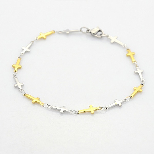 

PandaHall Two Tone Religious Catholic Jewelry 304 Stainless Steel Cross Link Chain Bracelets, with Lobster Claw Clasps, Mixed Color, 7-7/8...