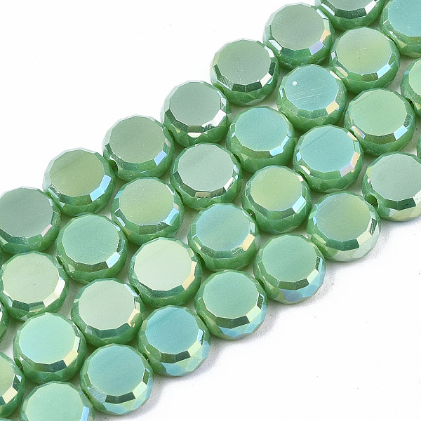 

PandaHall Electroplate Opaque Solid Color Glass Beads Strands, AB Color Plated, Faceted Flat Round, Light Green, 8x4mm, Hole: 1.5mm, about...