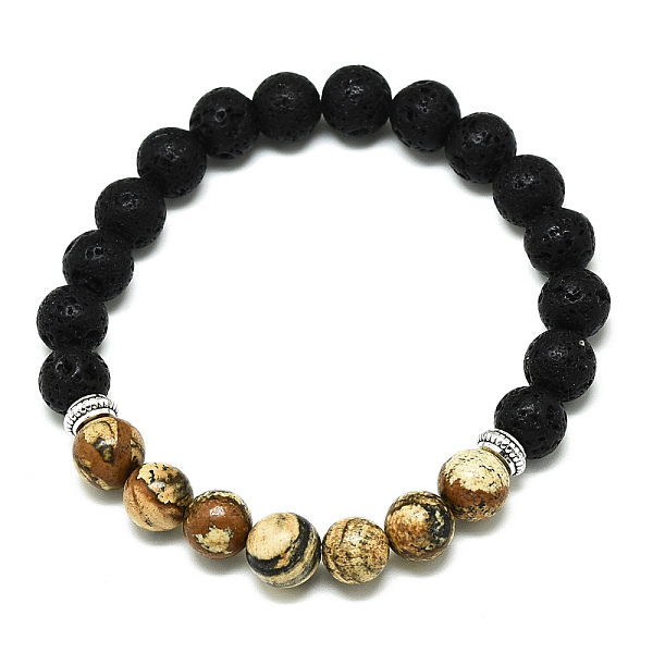 

PandaHall Natural Picture Jasper Beads Stretch Bracelets, with Synthetic Lava Rock Beads and Alloy Beads, Round, Inner Diameter: 2-1/8 inch...
