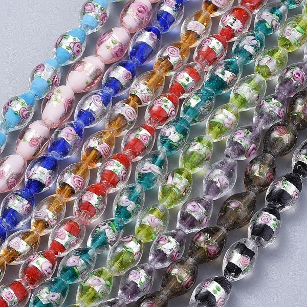 

PandaHall Handmade Silver Foil Glass Lampwork Beads, Oval with Flower, Mixed Color, 16~17x9~11mm, Hole: 1.5~2mm Silver Foil Oval Multicolor