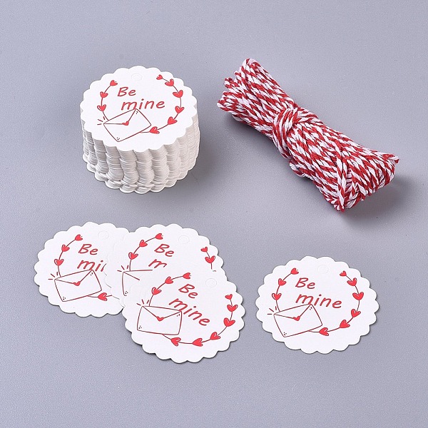 

PandaHall Paper Gift Tags, Hang Tags, For Arts and Crafts, with Cotton Cords, for Valentine's Day, Flower with Word Be Mine, White & Red...