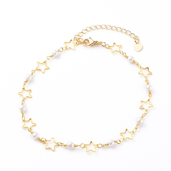 

PandaHall Brass Star Link Chain Anklets, with Glass Beads, Golden, 9-1/2 inch(24cm) Brass