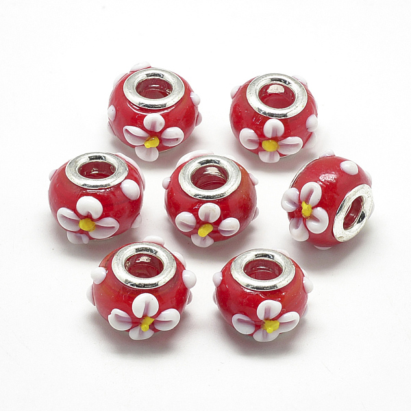 

PandaHall Handmade Lampwork European Beads, Bumpy Lampwork, with Platinum Brass Double Cores, Large Hole Beads, Rondelle with Flower, Red...