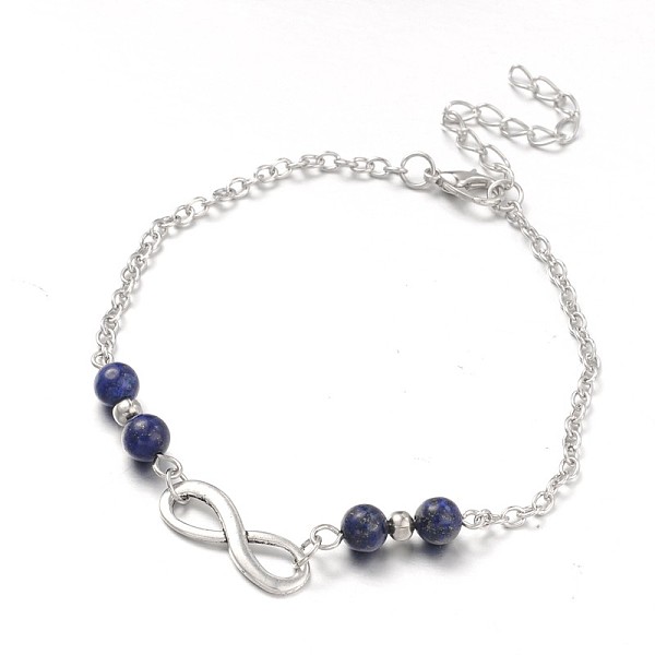 

PandaHall Fashion Tibetan Style Alloy Infinity Anklets, with Lapis Lazuli Beads, Zinc Alloy Lobster Claw Clasps and Iron Chains, Antique...