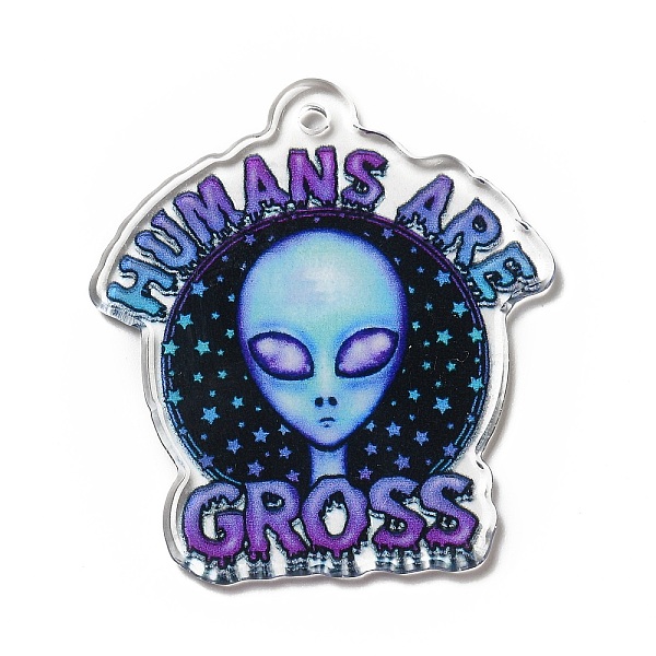 

PandaHall Halloween Printed Acrylic Pendants, Alien with Word HUMANS ARE GROSS, 40x35.5x2mm, Hole: 2.2mm Acrylic Word