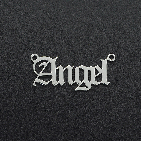 

PandaHall 201 Stainless Steel Links, Old English, Angel, Laser Cut, Stainless Steel Color, 10.5x24x1mm, Hole: 1.2mm 201 Stainless Steel Word