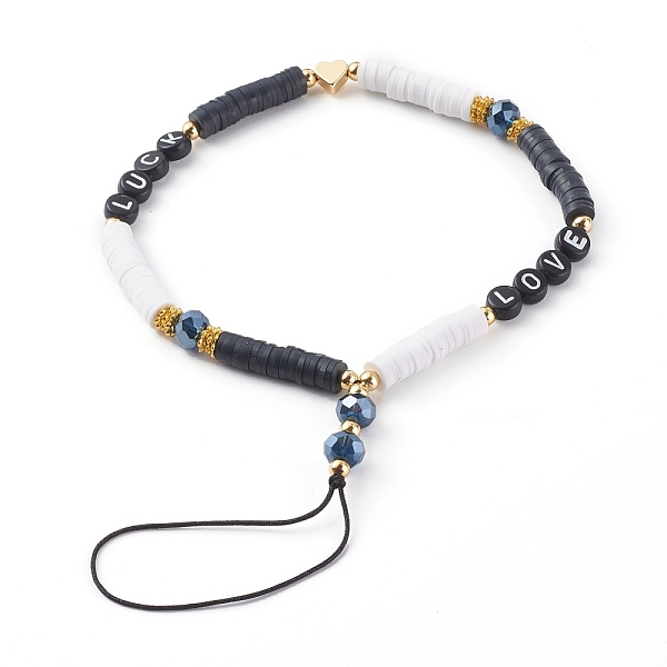 

PandaHall Polymer Clay Heishi Beaded Mobile Straps, with Acrylic Enamel Beads, Glass Beads and Brass Beads, Word Love, Golden, Colorful...