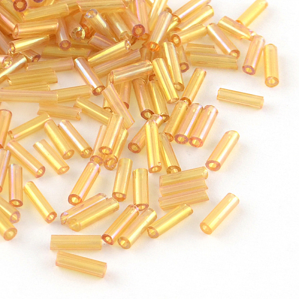 

PandaHall AB Color Plated Glass Bugle Beads, Transparent Colours Rainbow, Sandy Brown, 6x2mm, Hole: 1mm, about 450g/bag, about 10000pcs/bag...