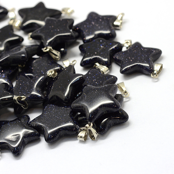 

PandaHall Star Synthetic Blue Goldstone Pendants, with Platinum Tone Brass Findings, 22~23x20~24x5~7mm, Hole: 2x7mm Blue Goldstone Star