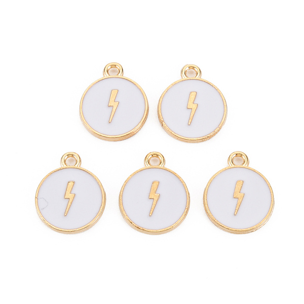 

PandaHall Alloy Enamel Pendants, Cadmium Free & Lead Free, Light Gold, Flat Round with Lightning, White, 16x13x2mm, Hole: 1.6mm Alloy+Enamel...
