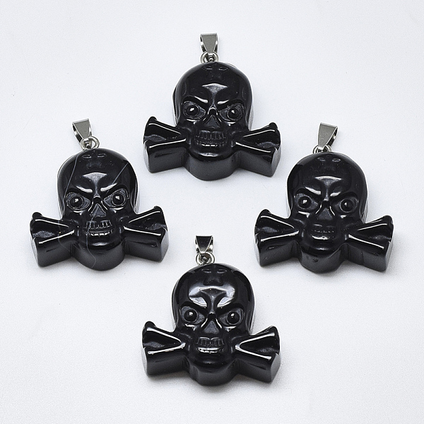

PandaHall Natural Black Agate Pendants, with Stainless Steel Snap On Bails, Skull, Stainless Steel Color, 34~36x35~37x12~13mm, Hole...