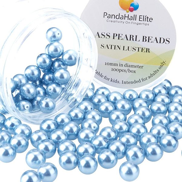 

PandaHall 10mm About 100Pcs Tiny Satin Luster Glass Pearl Round Beads Assortment Lot for Jewelry Making Round Box Kit Light Blue Glass...