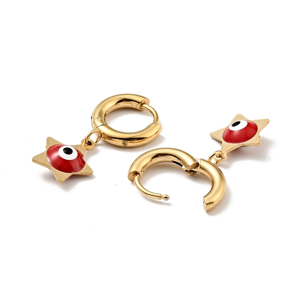 

PandaHall Enamel Star with Evil Eye Dangle Hoop Earrings, Gold Plated 304 Stainless Steel Jewelry for Women, Red, 27mm, Pin: 1mm 304...