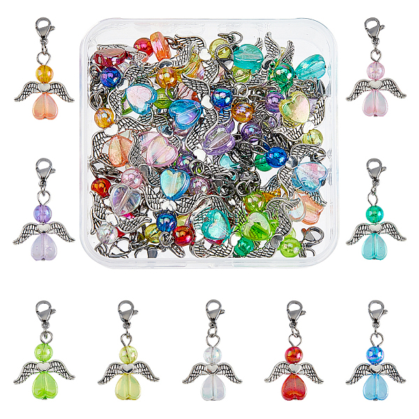 36Pcs 9 Colors Transparent Acrylic Angel Charm Decorations, with 304 Stainless Steel Lobster Claw Clasps, Mixed Color, 33mm, 4pcs/color