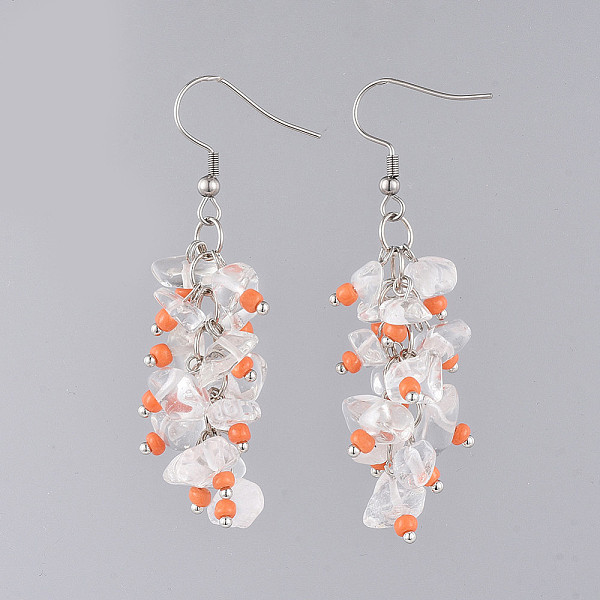 

PandaHall Dangle Earrings, with Glass Seed Beads, Natural Quartz Crystal Chips Beads and Stainless Steel Earring Hooks, Orange, 63mm, Pin...