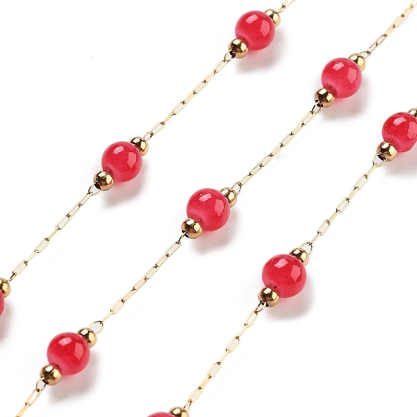 

PandaHall Handmade Round Dyed Natural Malaysia Jade Beaded Chains, with Ion Plating(IP) 304 Stainless Steel Paperclip Chains, Unwelded, Real..., Red