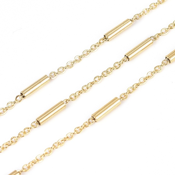 

PandaHall 304 Stainless Steel Cable Chains, with Column Beads and Spool, Soldered, Flat Oval, Golden, Link: 1.5x1.5x0.3mm, Tube: 7.5x2mm...