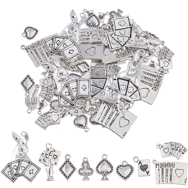 

PandaHall SUNNYCLUE 72Pcs 9 Styles Tibetan Style Alloy Pendants, Playing Card Charm, Antique Silver, 14.5~47x6.5~34x6.5mm, Hole: 1.5~2.8mm...