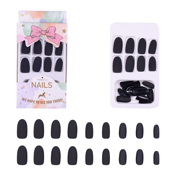 PandaHall Plastic False Nail Tips, Practice Manicure Nail Art Tool, Black, 16~24x7~13mm, about 24pcs/box Plastic Black